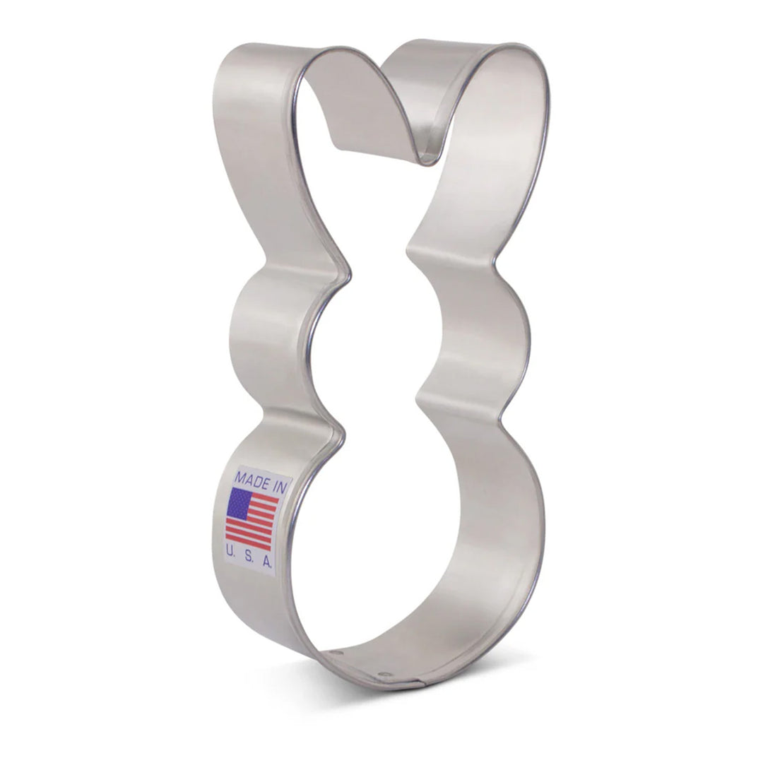 Metallic cookie cutter shaped like a number '8' with 'Made in USA' label on a white background