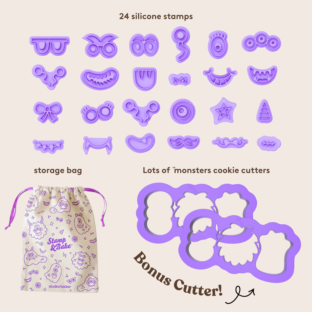 A set of purple silicone monster-shaped cookie cutters displayed on a light beige background, with a cream drawstring storage bag printed with purple monster illustrations. Text labels include '24 silicone stamps', 'storage bag', 'Lots of monsters cookie cutters', and 'Bonus Cutter!'.