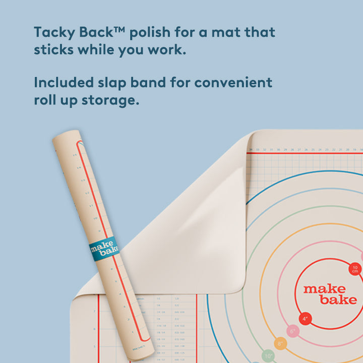 This mat has our Tacky Back polish which keeps it sticking in place while you work and it comes with a slap band so you can roll it up for convenient storage in your kitchen drawers.