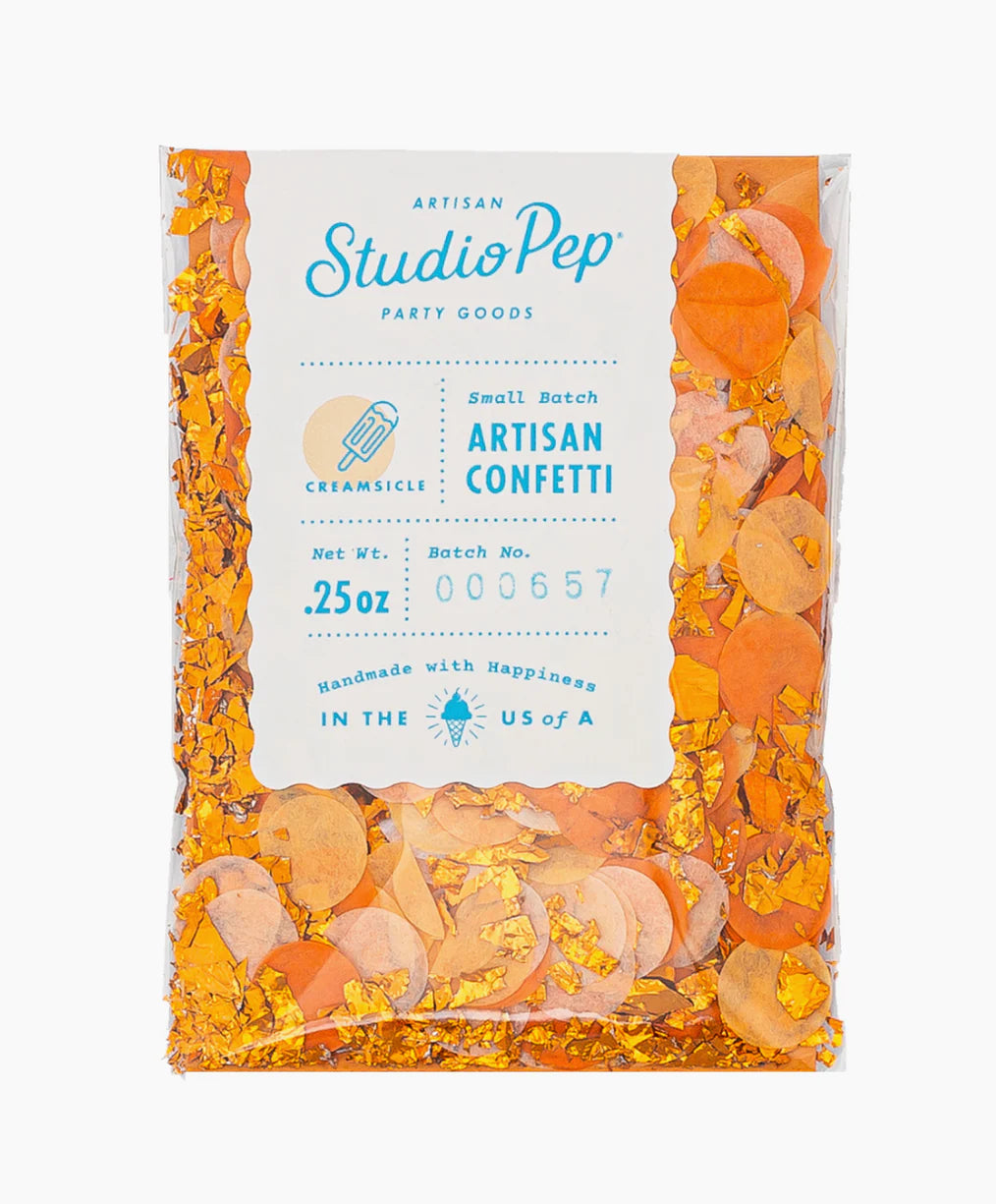 Packaged orange artisian confetti with Studio Pep branding on a white background