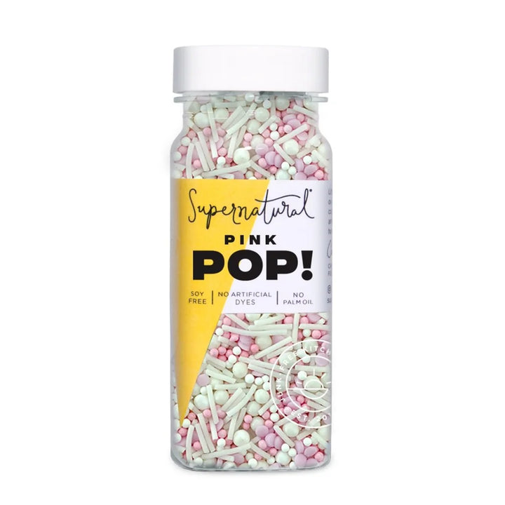 Bottle of 'Supernatural Pink Pop!' sprinkles on a white background