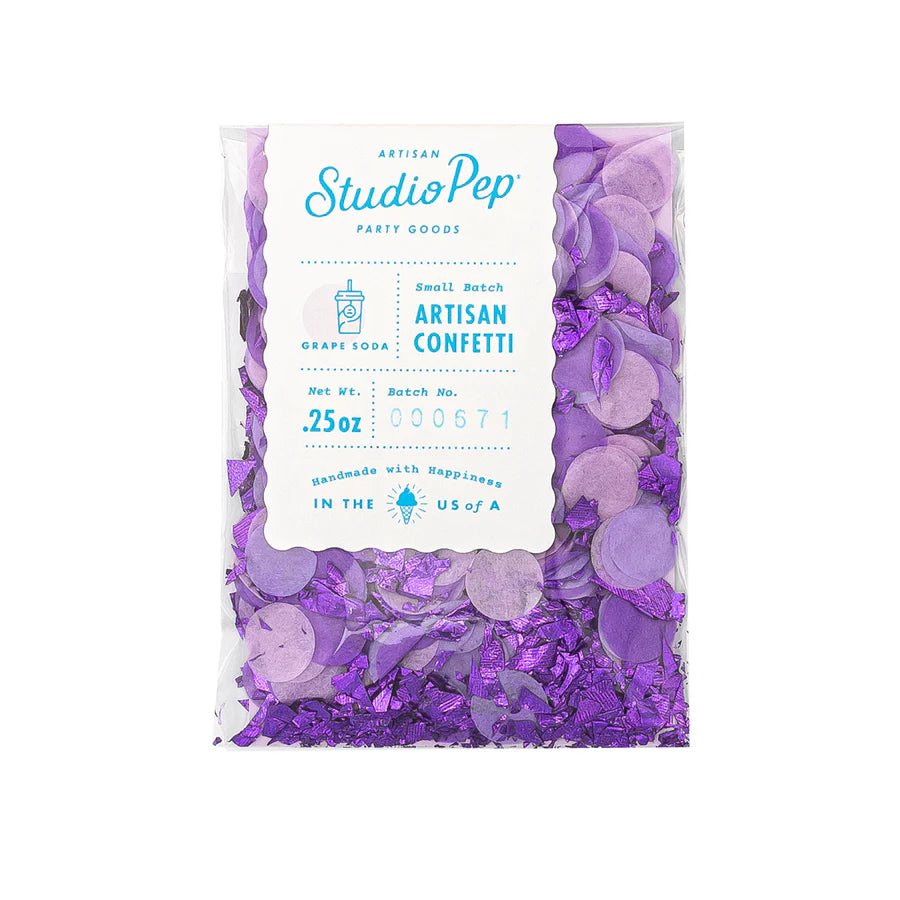 Packaged purple confetti with Studio Pep branding on a white background