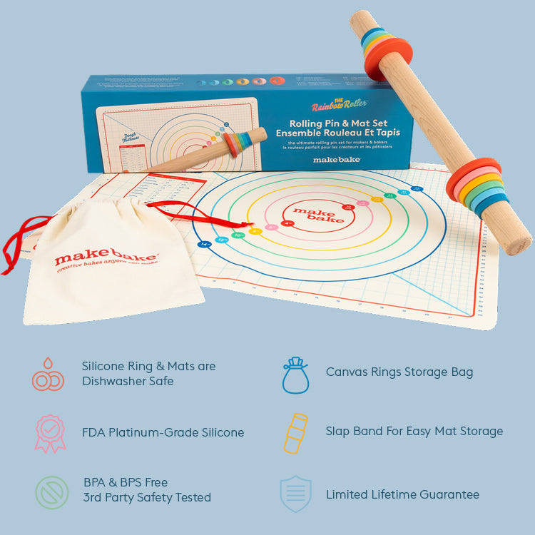 Make & Bake rolling pin and mat set with packaging on a light blue background.