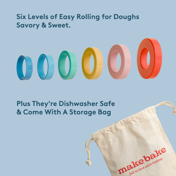 Set of six silicone dough thickness rings for use with wooden rolling pin and a picture of the included canvas storage bag. Text on image says "Six levels of easy rolling for doughs savory and sweet. Plus they are dishwasher safe."