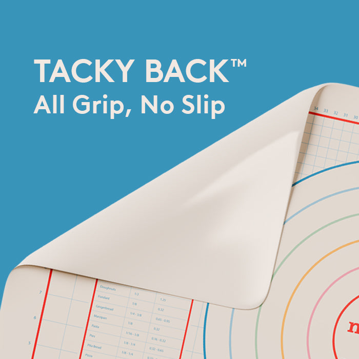 Image showing the back of a Make Bake silicone pastry mat with the text 'Tacky Back. All grip, no slip' on a blue background.