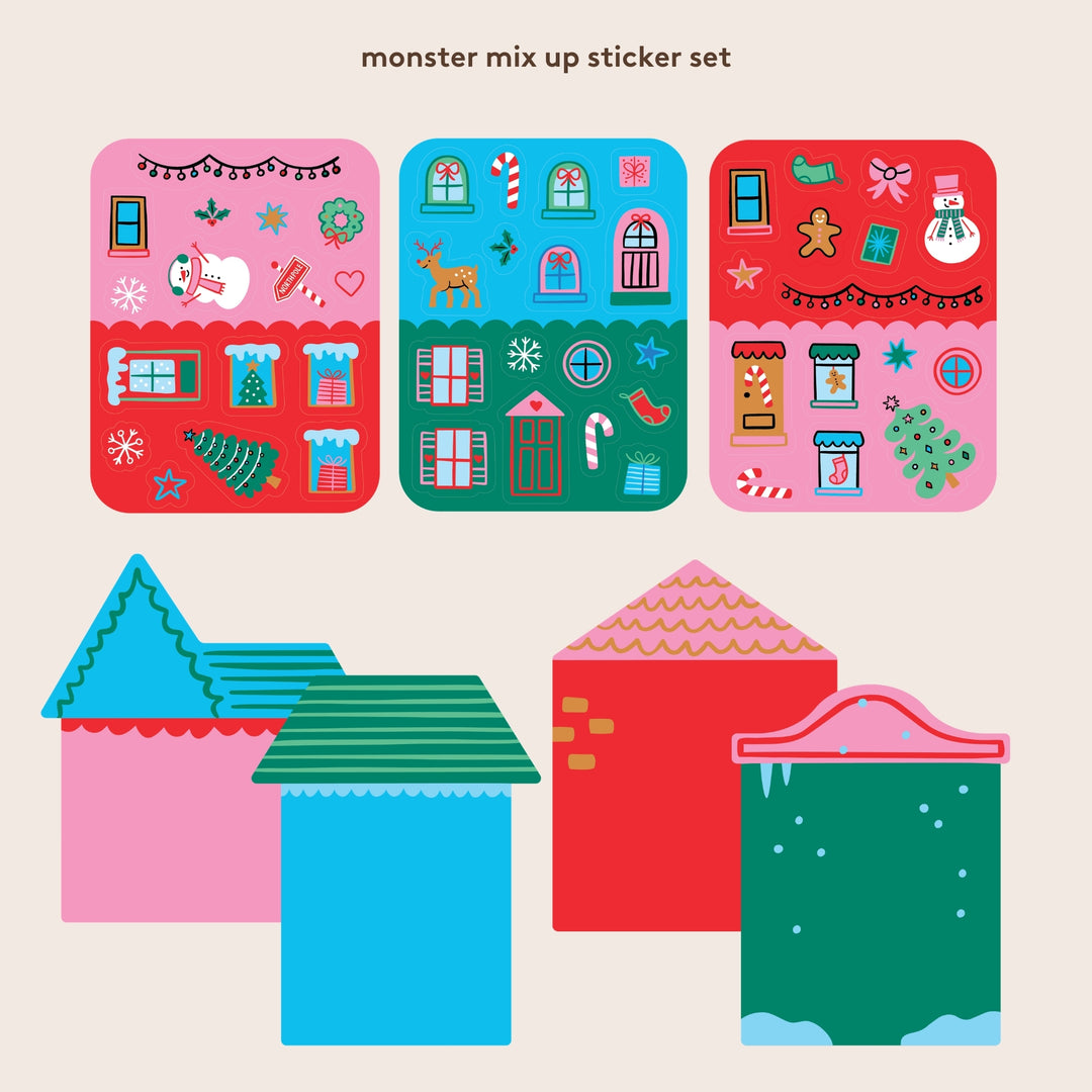 Colorful sticker set with houses and festive house parts on a beige background