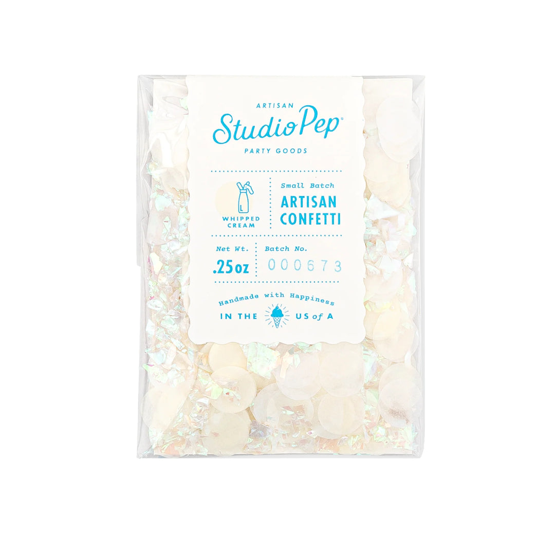 studio pep white confetti in a clear pouch. Labeled 0.25 oz net weight. Made in the USA.
