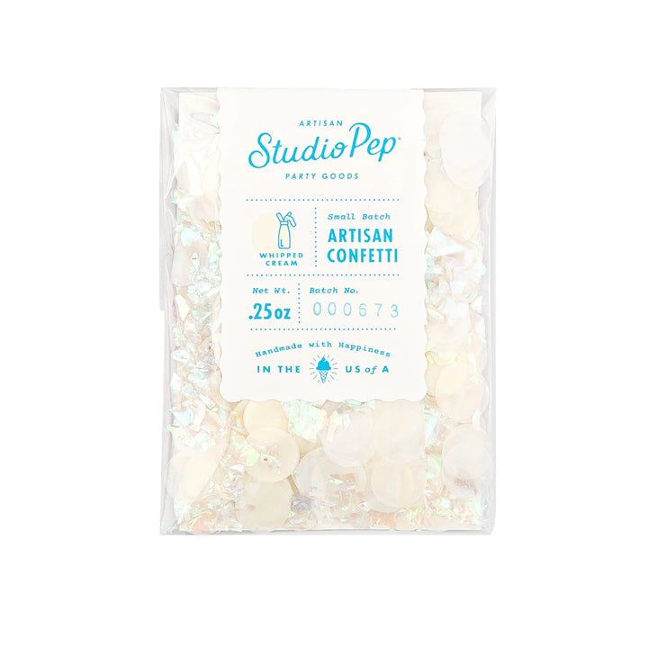 studio pep white confetti in a clear pouch. Labeled 0.25 oz net weight. Made in the USA.