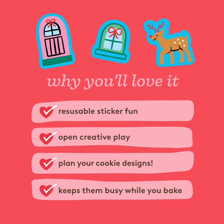 Red background with reusable cutter stickers and text listing benefits on a red background